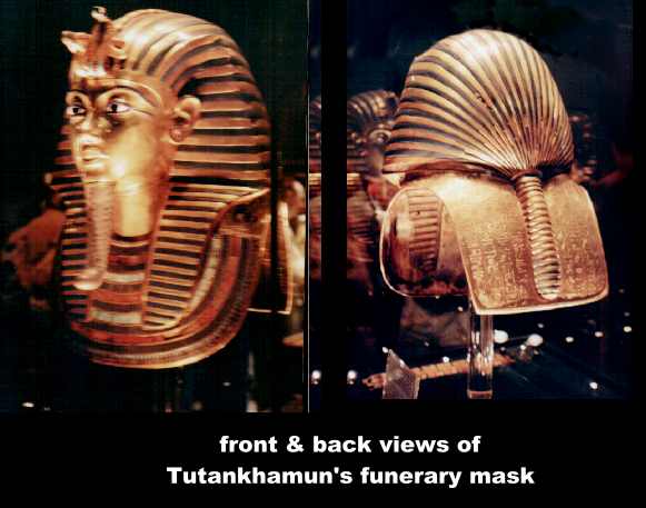 Front and back views of Tutankhamun's death mask - click to enlarge